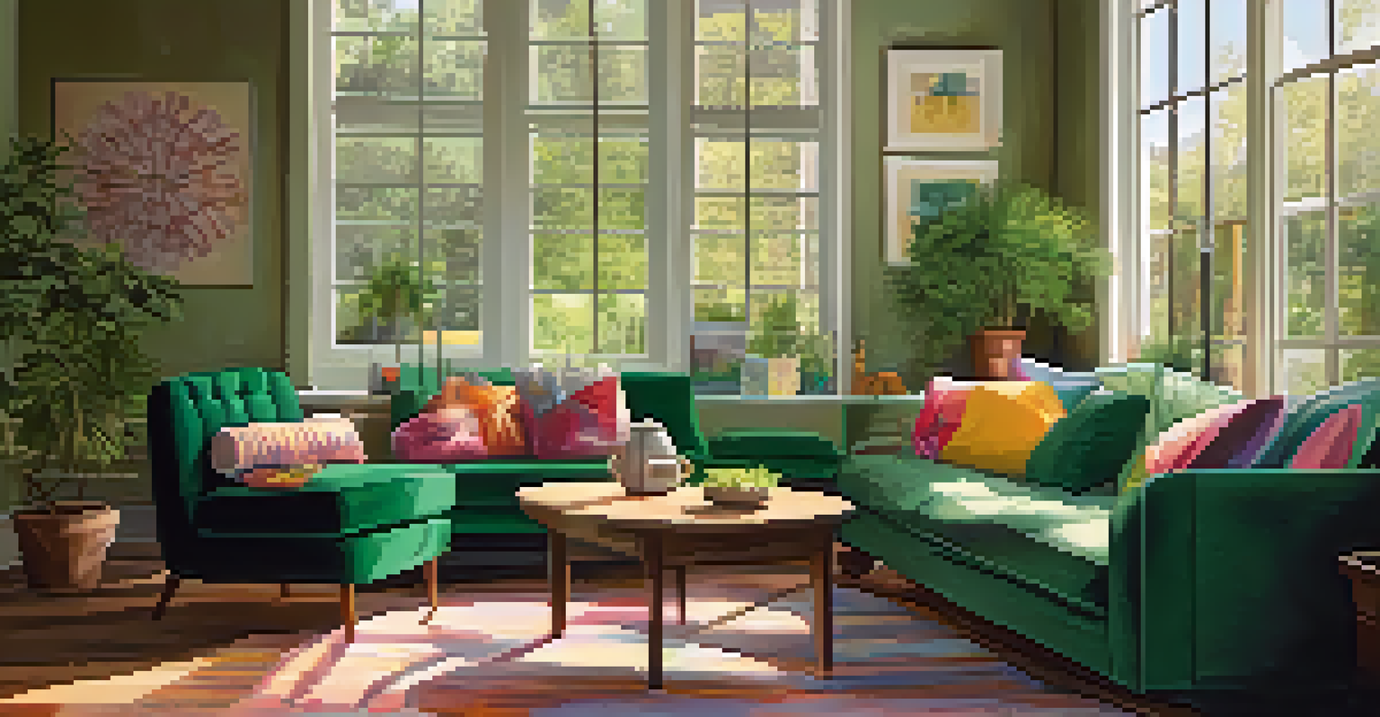 A bright and inviting living room with sunlight streaming in, a sofa with cushions, and a view of a garden.