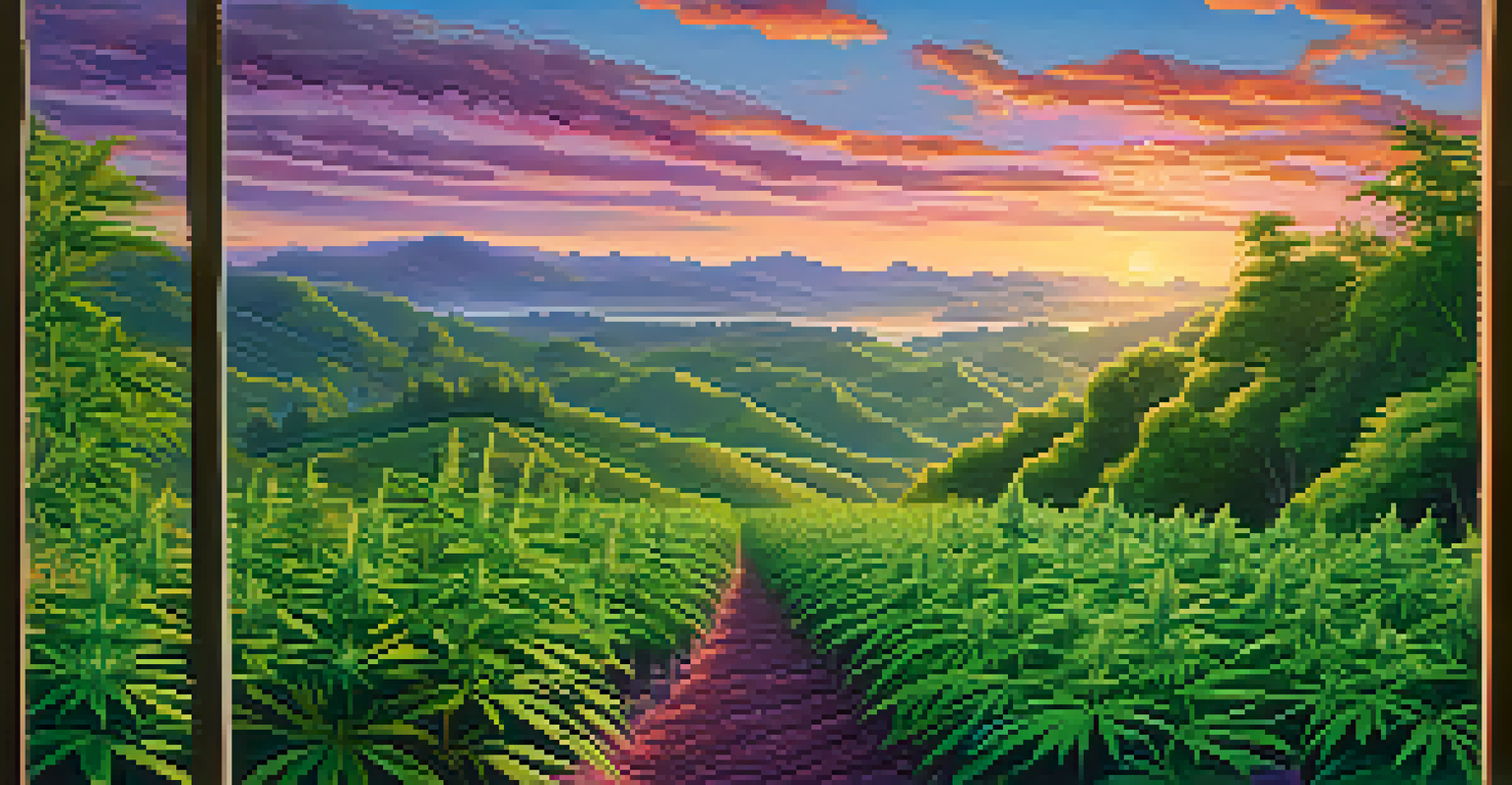 A cannabis farm at sunrise with lush green plants and a colorful sky.