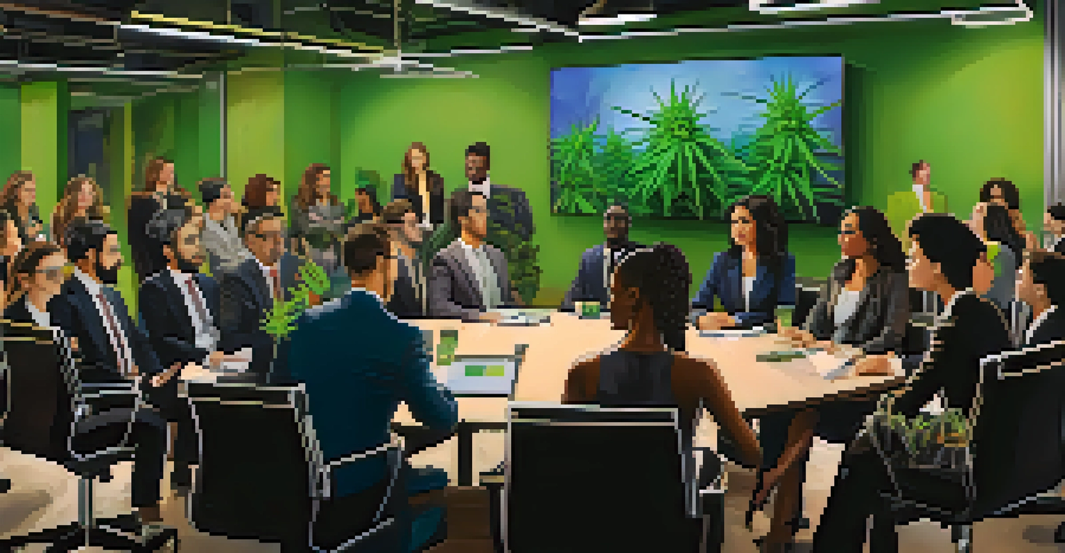 A confident woman leading a cannabis business meeting with a diverse team, showcasing empowerment and professionalism in a modern setting.