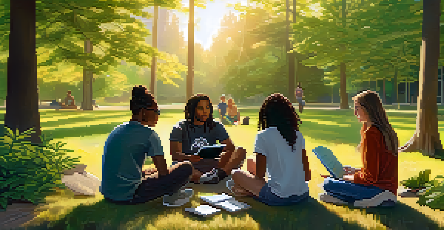 Diverse young people discussing marijuana use in a park, with notebooks and tablets, surrounded by nature.