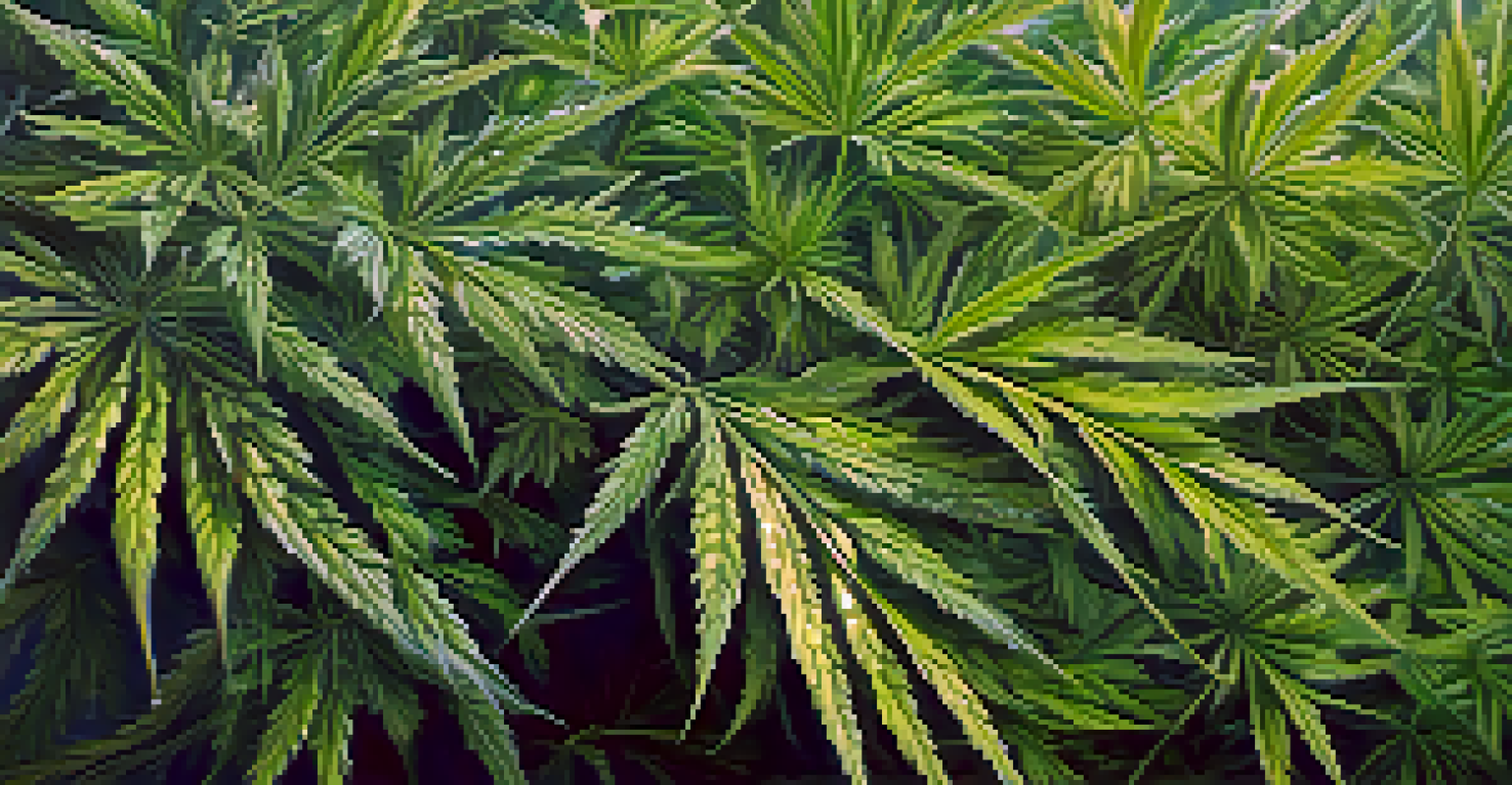 A detailed close-up of a cannabis plant, highlighting its green leaves and trichomes with soft lighting.