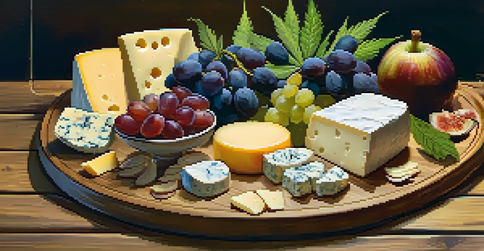 A cheese and cannabis platter with various cheeses, cannabis buds, fresh fruits, and honey on a rustic wooden table.
