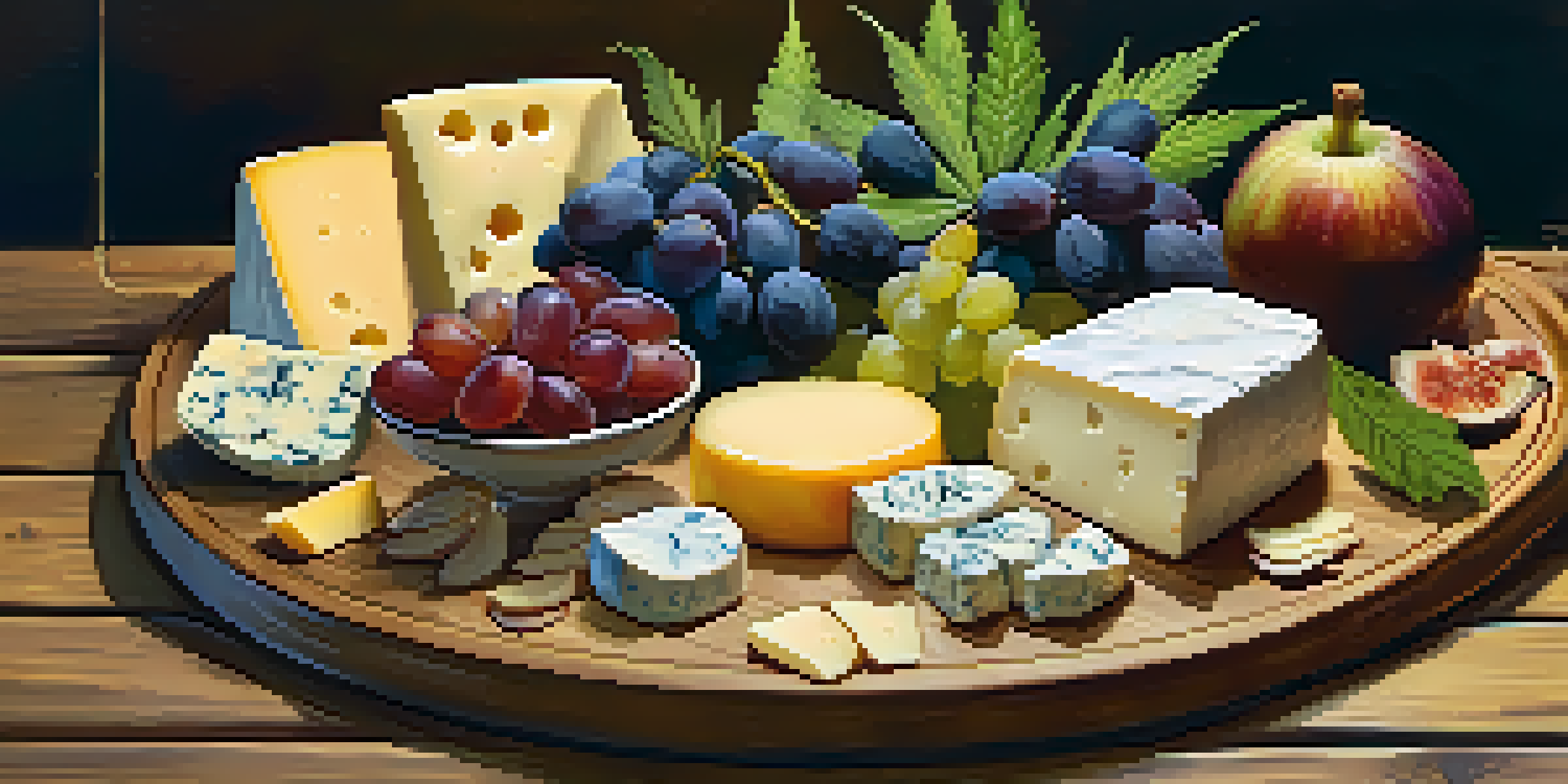 A cheese and cannabis platter with various cheeses, cannabis buds, fresh fruits, and honey on a rustic wooden table.
