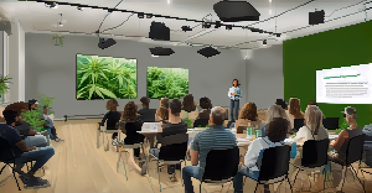 A workshop with attendees learning about the benefits of cannabis, with a projector displaying information and plants in the background.