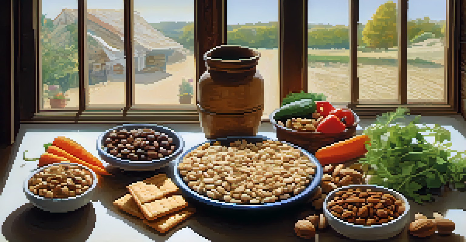 A rustic wooden table with a variety of healthy snacks including nuts, seeds, whole grain crackers, and vegetables, with a bowl of hummus.