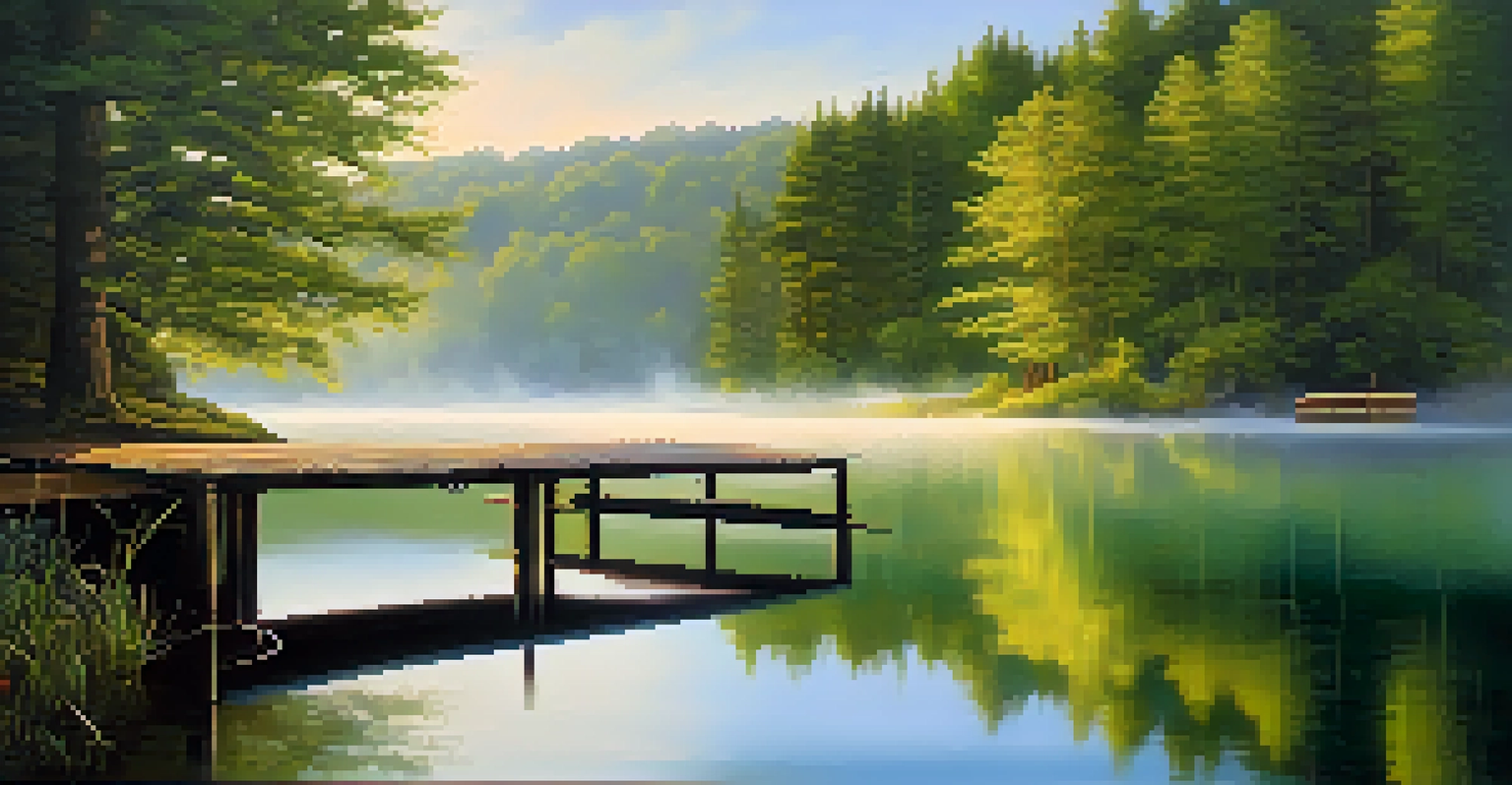 A tranquil lake scene with trees and a wooden dock, capturing the serenity of nature in the morning light.