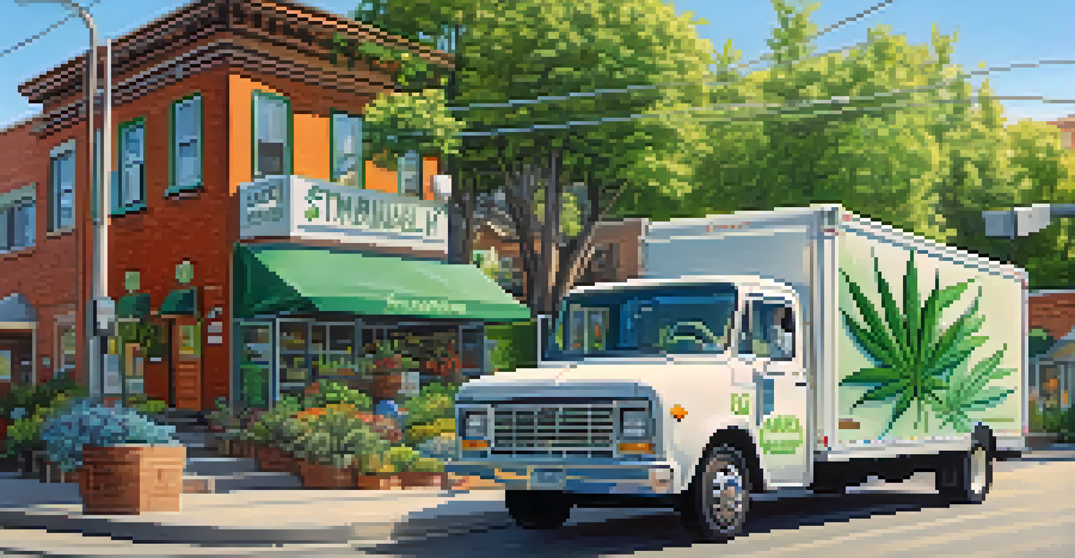 A local delivery truck parked outside a dispensary, transporting marijuana products in a sustainable setting.