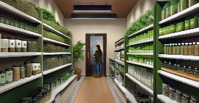 A calming medical marijuana dispensary with shelves of cannabis products and a staff member helping a patient.