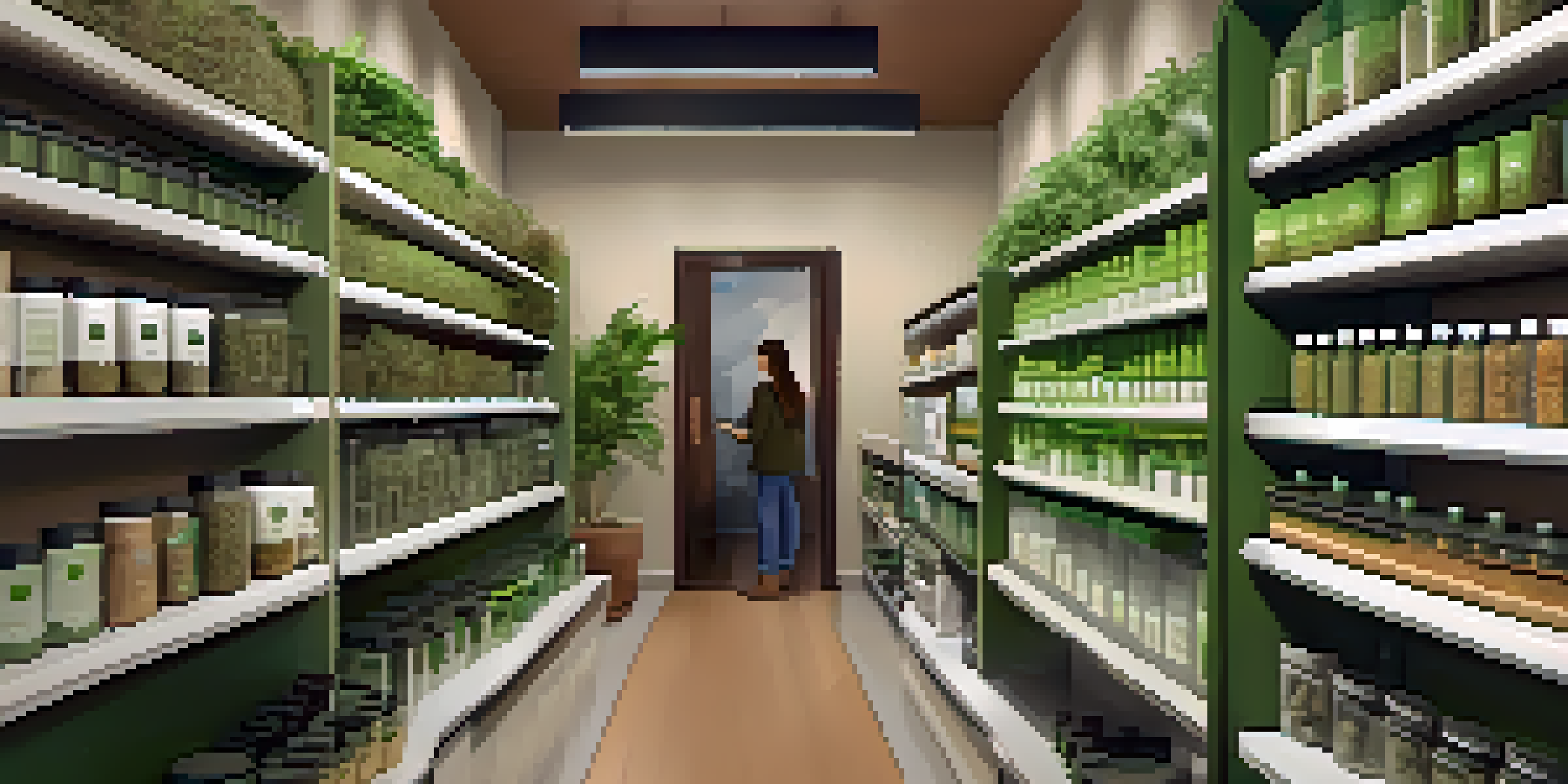 A calming medical marijuana dispensary with shelves of cannabis products and a staff member helping a patient.