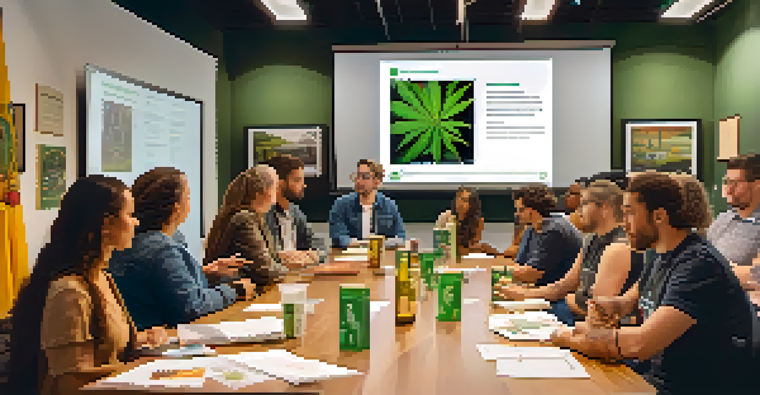 A diverse group of individuals participating in an educational workshop about marijuana legalization benefits, with a speaker and materials.