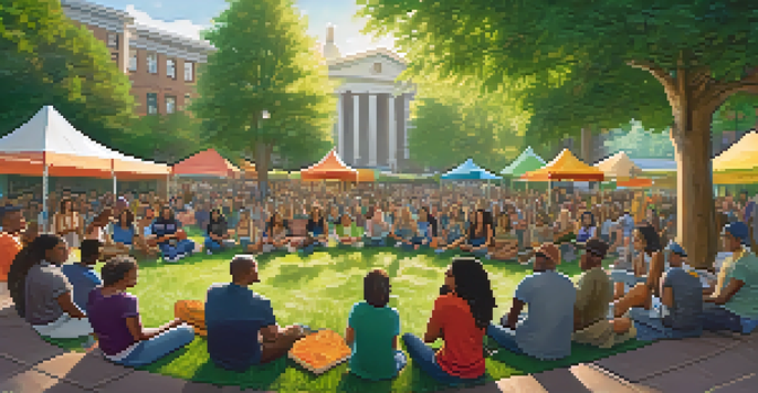 A community forum in a park with diverse people discussing marijuana legalization, surrounded by colorful banners and nature.