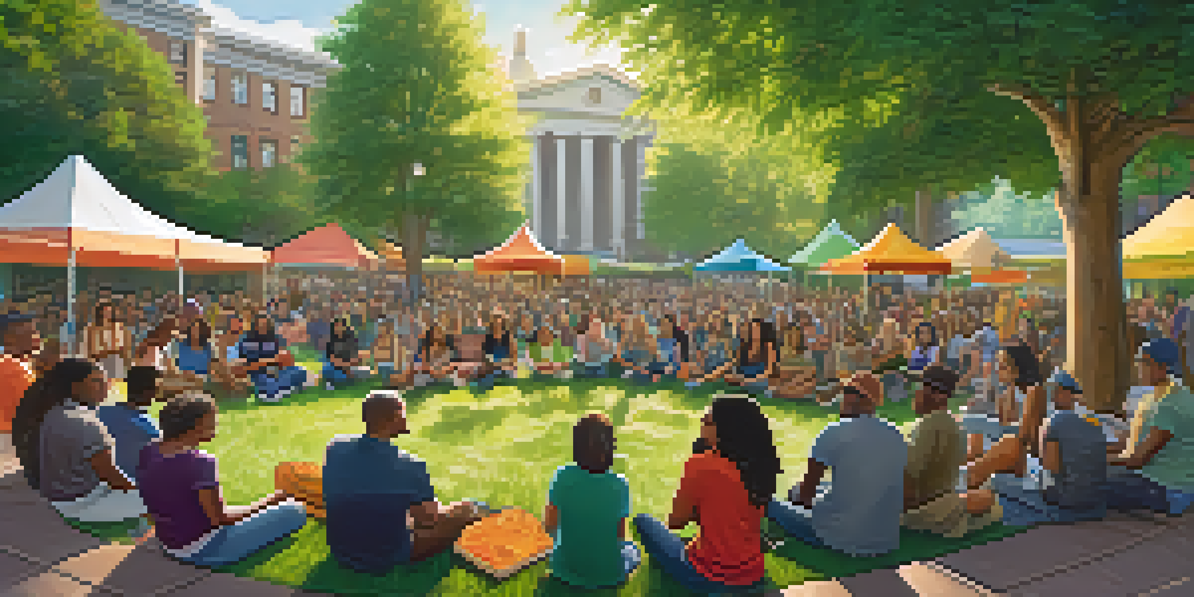 A community forum in a park with diverse people discussing marijuana legalization, surrounded by colorful banners and nature.