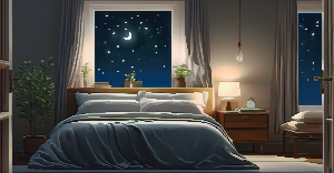 A peaceful bedroom with warm lighting, a cozy bed, and a starry night sky visible through the window.