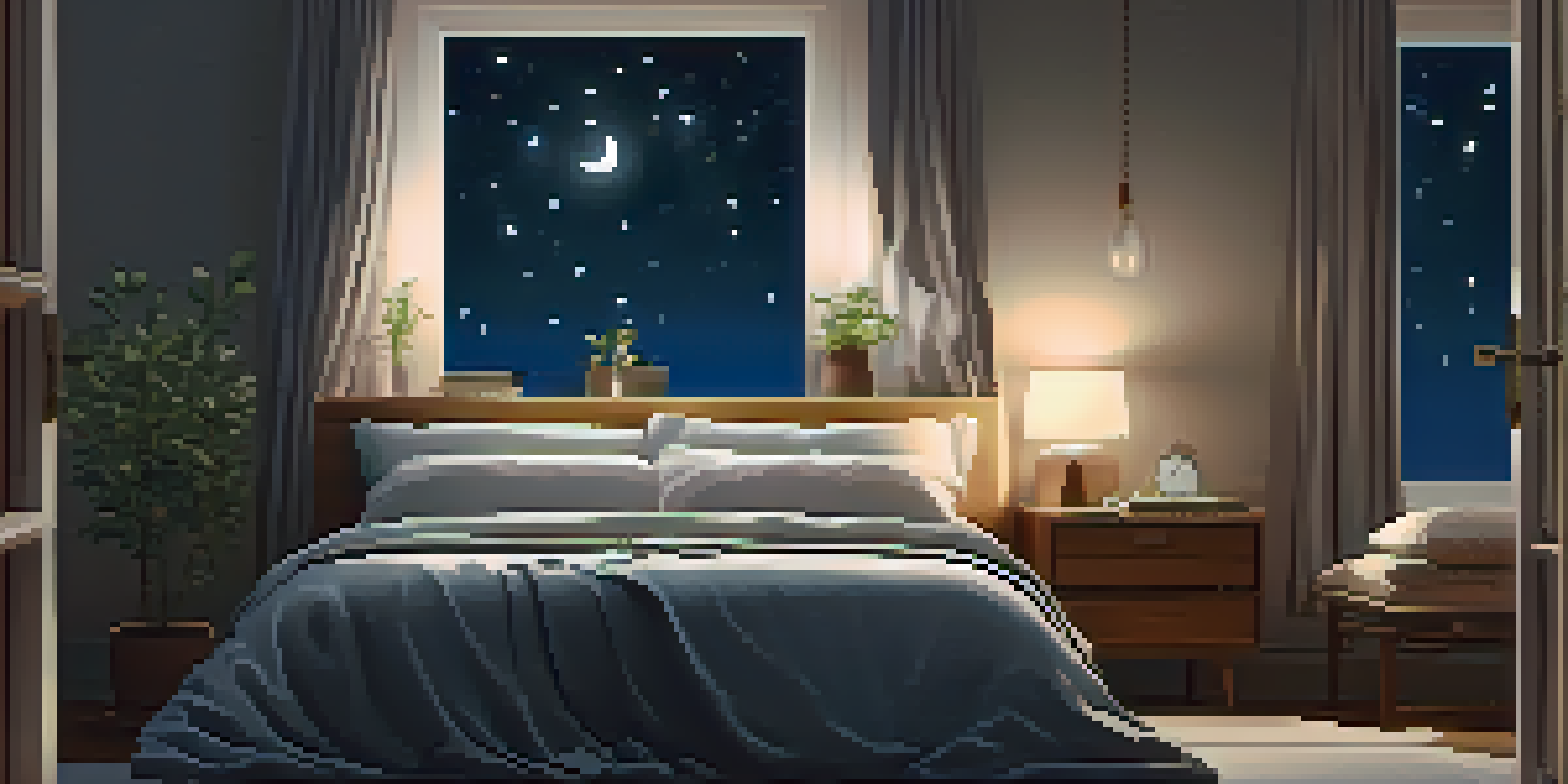A peaceful bedroom with warm lighting, a cozy bed, and a starry night sky visible through the window.