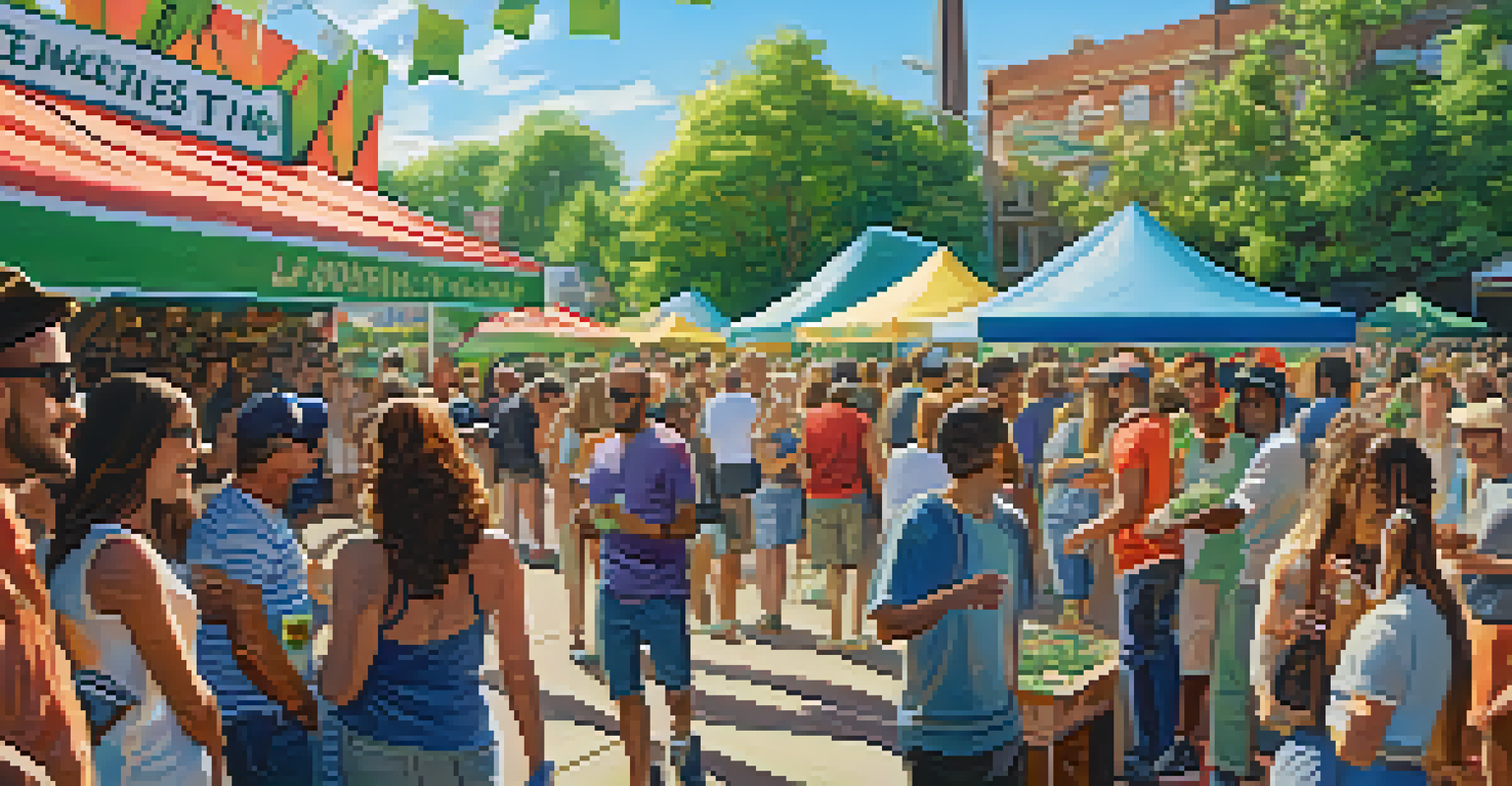 A vibrant outdoor community event with people celebrating cannabis, enjoying music and food.