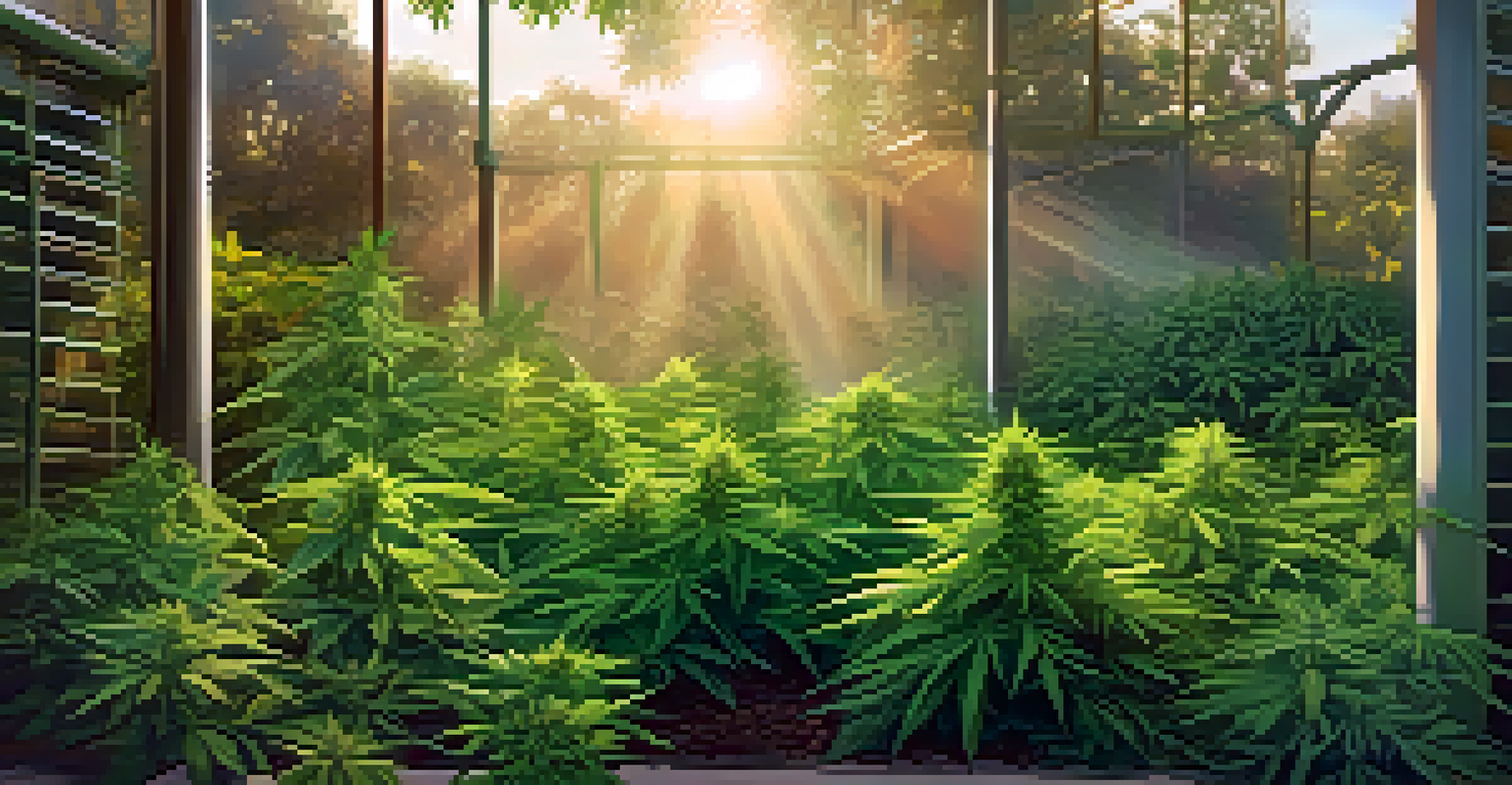 An outdoor cannabis garden in the morning with sunlight filtering through the leaves and a soft mist indicating optimal humidity.