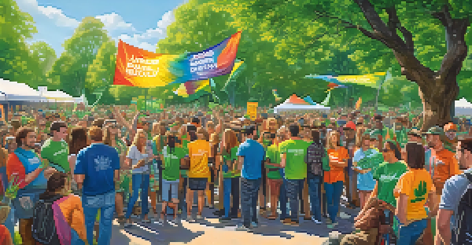 A lively outdoor rally with diverse activists advocating for marijuana legalization, surrounded by greenery and colorful signs.