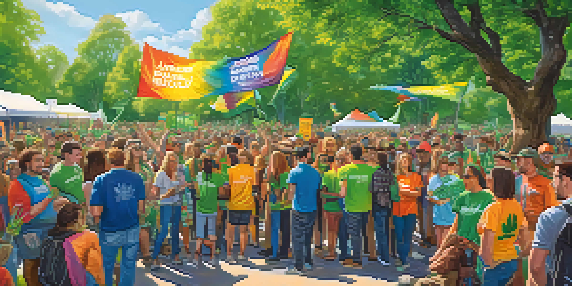 A lively outdoor rally with diverse activists advocating for marijuana legalization, surrounded by greenery and colorful signs.