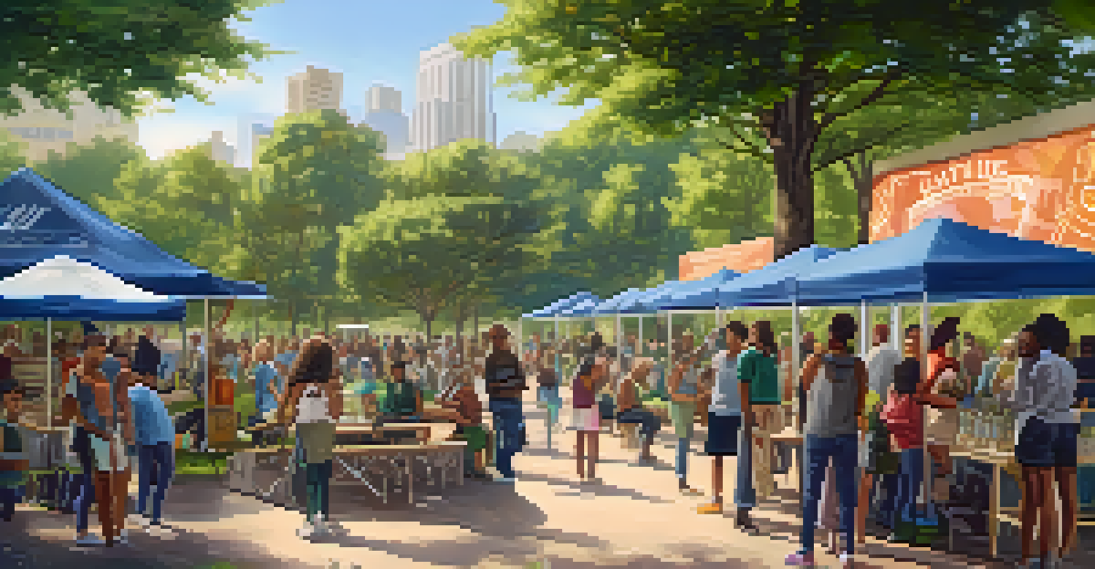 A community event in a park promoting the benefits of legal marijuana, with food trucks, informational booths, and people engaged in activities.