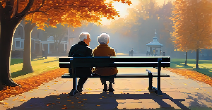 An elderly couple in a park, sitting on a bench, with a small potted plant between them under a sunset sky.