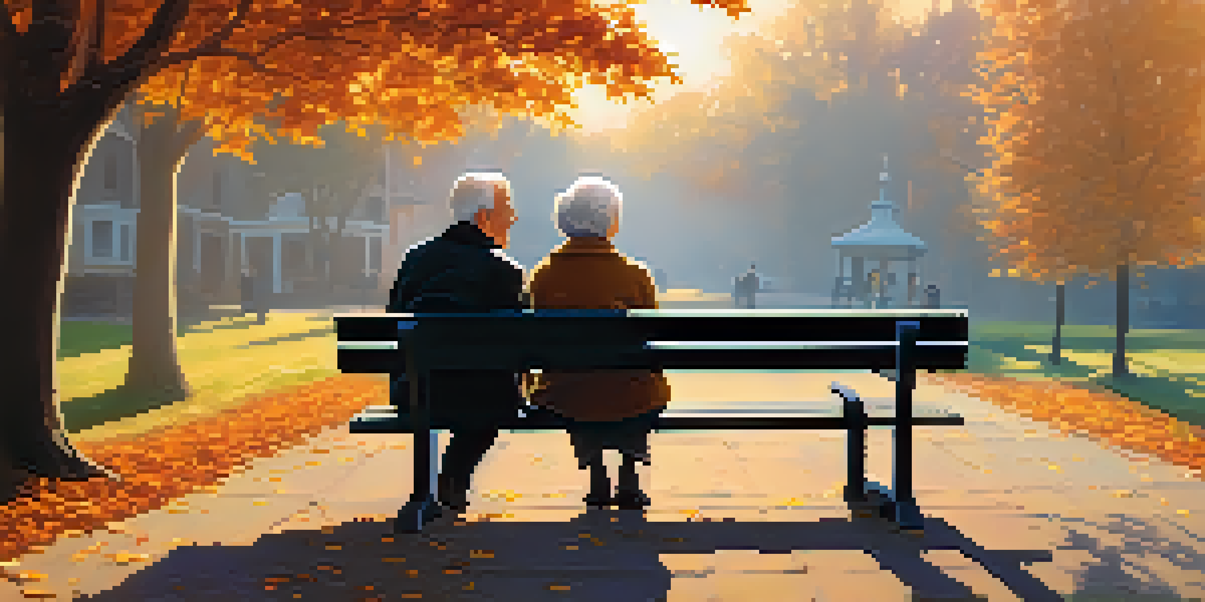 An elderly couple in a park, sitting on a bench, with a small potted plant between them under a sunset sky.