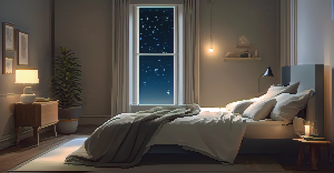 A cozy bedroom with a soft bed, warm lighting, and a view of a starry night sky.