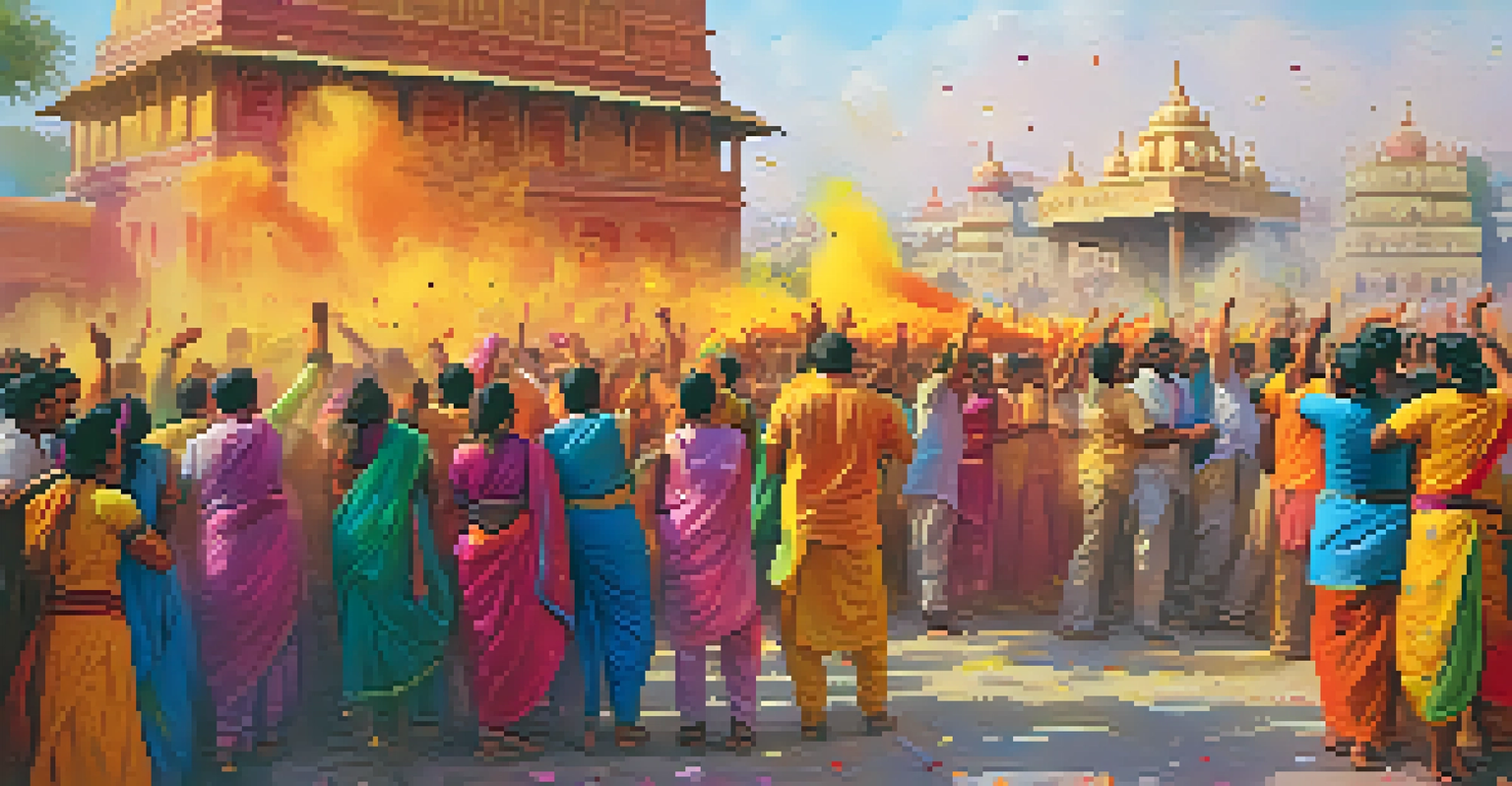 A lively Indian festival scene during Holi with people celebrating and colorful powders in the air.