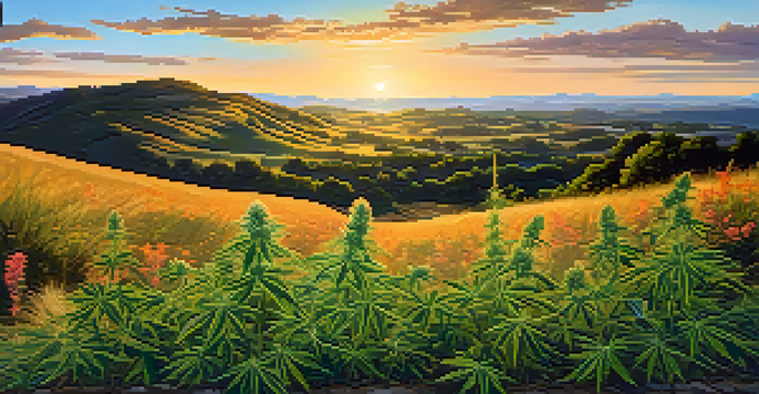 A peaceful field with a cannabis plant in sunlight, surrounded by colorful wildflowers and rolling hills in the background.