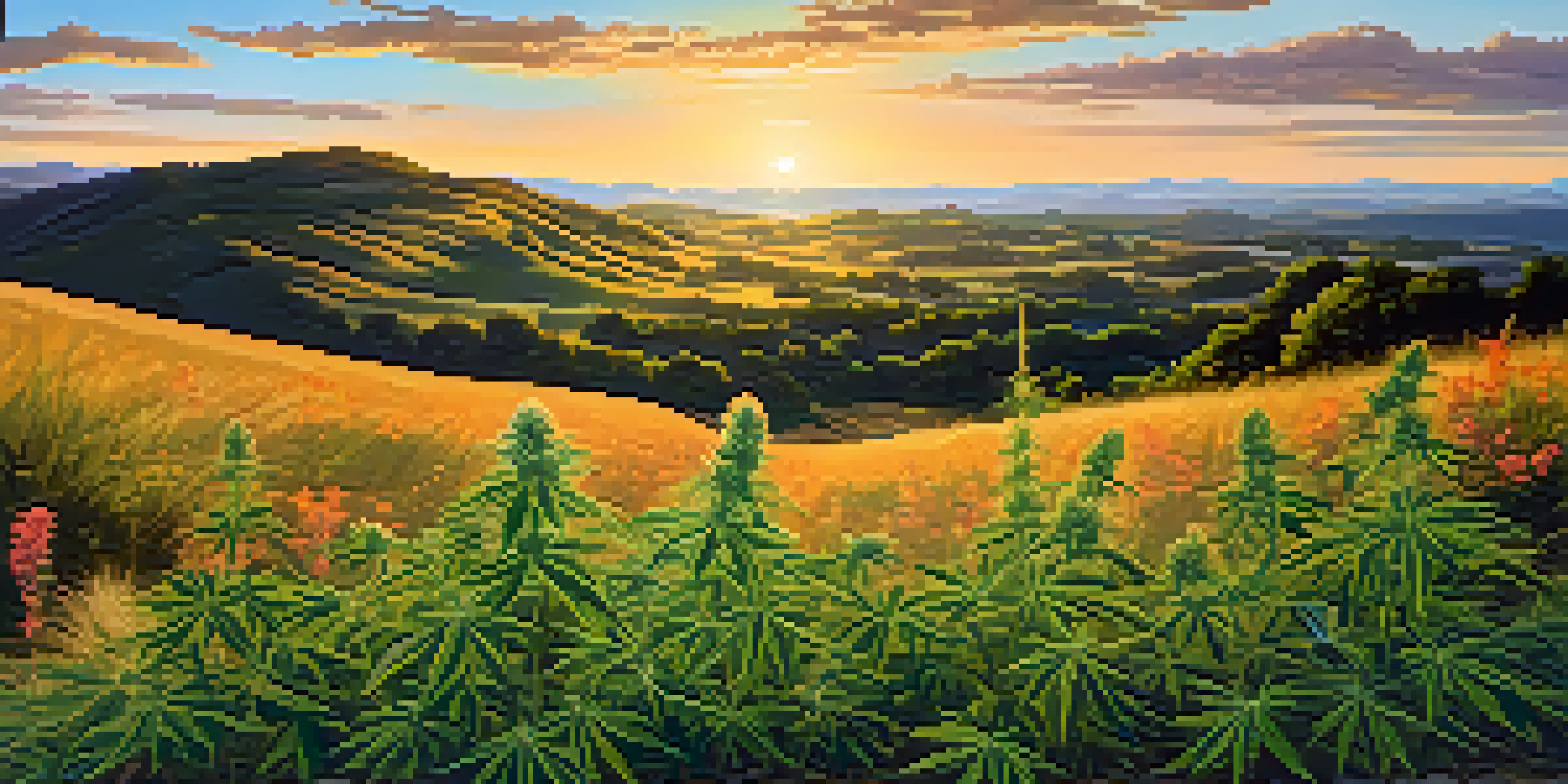 A peaceful field with a cannabis plant in sunlight, surrounded by colorful wildflowers and rolling hills in the background.