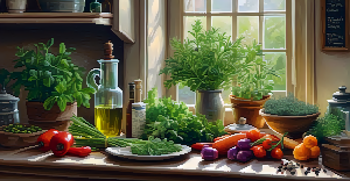 A cozy kitchen with a wooden table filled with herbs and vegetables, illuminated by warm light, creating an inviting atmosphere.