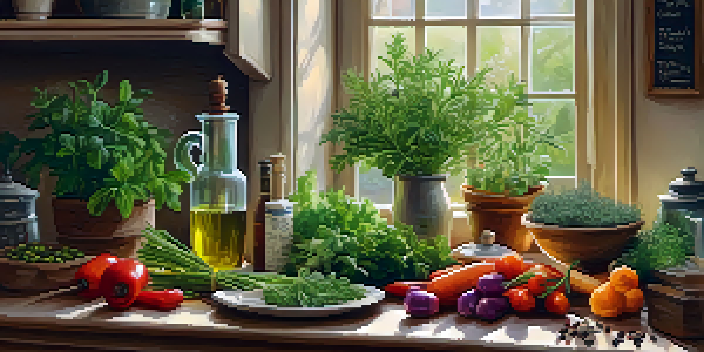A cozy kitchen with a wooden table filled with herbs and vegetables, illuminated by warm light, creating an inviting atmosphere.