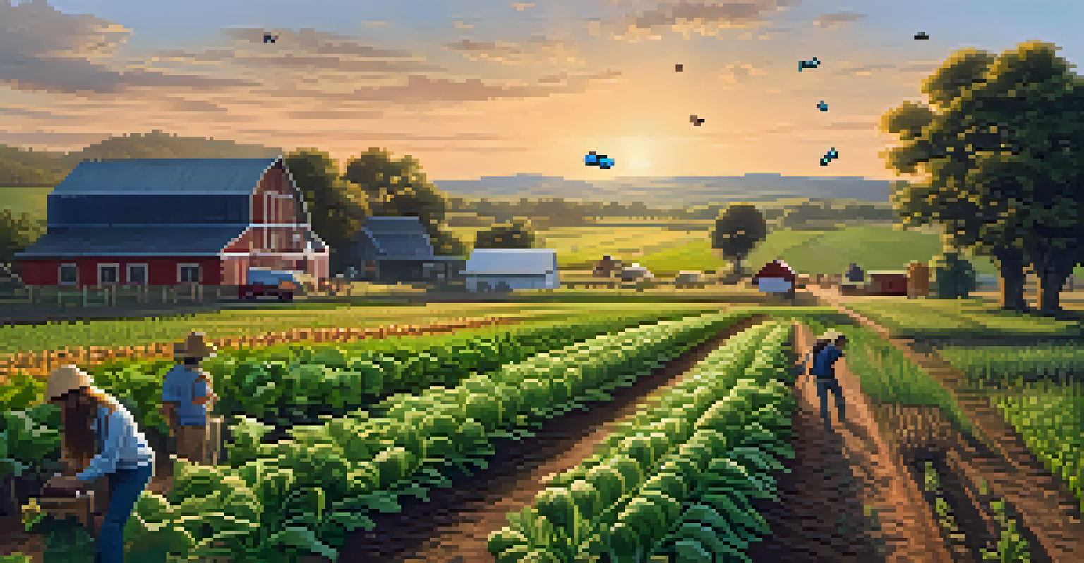 A scenic outdoor farm at sunset with various crops and a farmer practicing crop rotation, surrounded by pollinators.