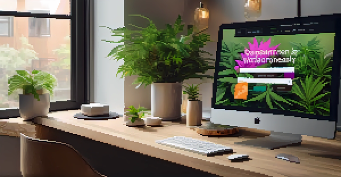 A laptop displaying a modern online marijuana dispensary website in a cozy living room setting.