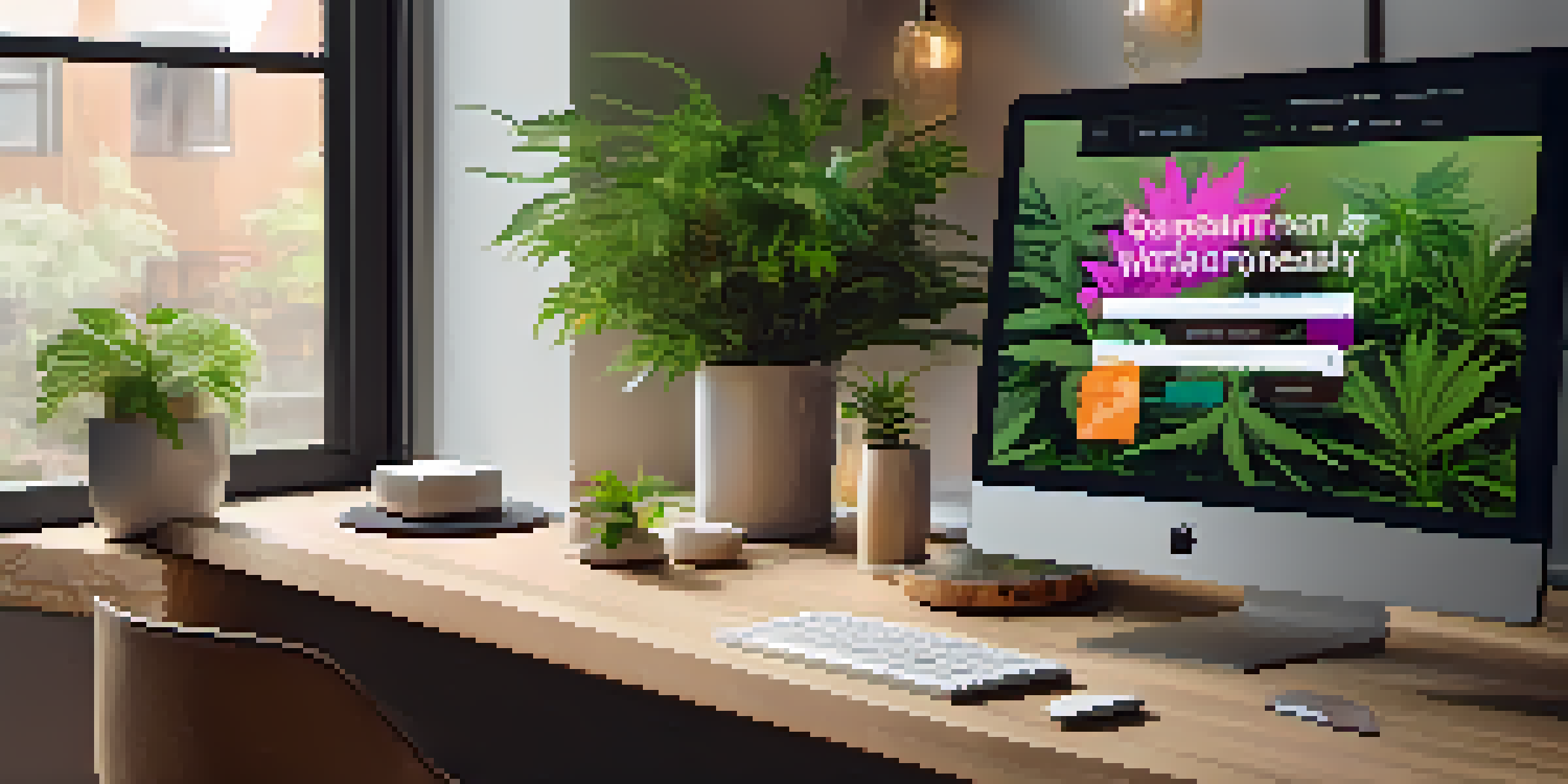 A laptop displaying a modern online marijuana dispensary website in a cozy living room setting.