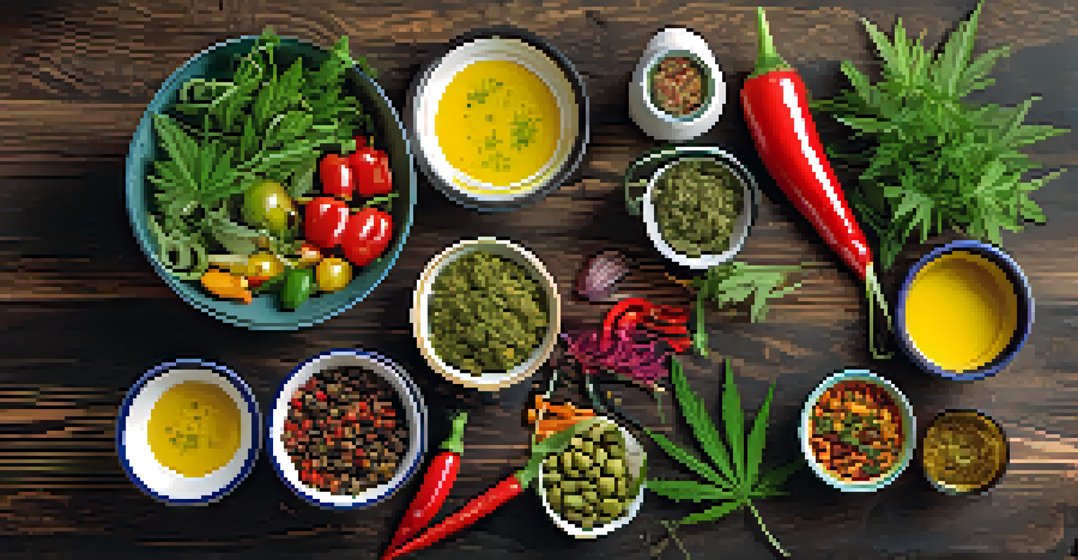 A flat lay of a cannabis-infused salad with colorful vegetables and spices on a rustic wooden surface.