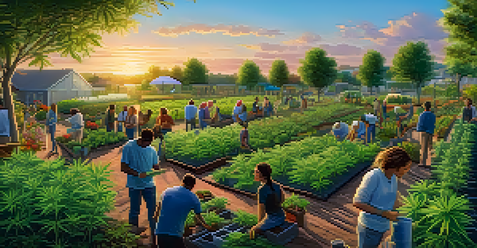A community garden with individuals cultivating cannabis plants together under a beautiful sunset sky.