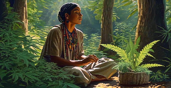 An Indigenous herbalist in traditional clothing sitting in a forest surrounded by cannabis plants, with soft sunlight filtering through the trees.