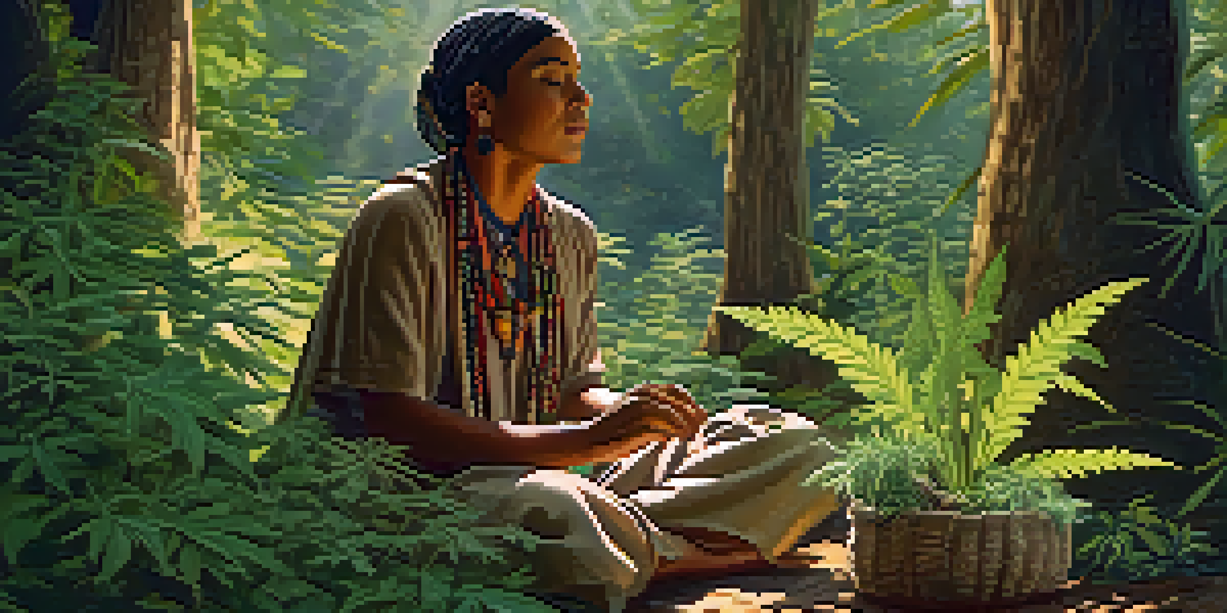 An Indigenous herbalist in traditional clothing sitting in a forest surrounded by cannabis plants, with soft sunlight filtering through the trees.