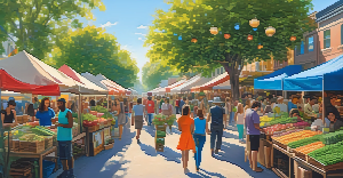 A colorful street market in a neighborhood with people enjoying cannabis products, surrounded by greenery and bright sunlight.