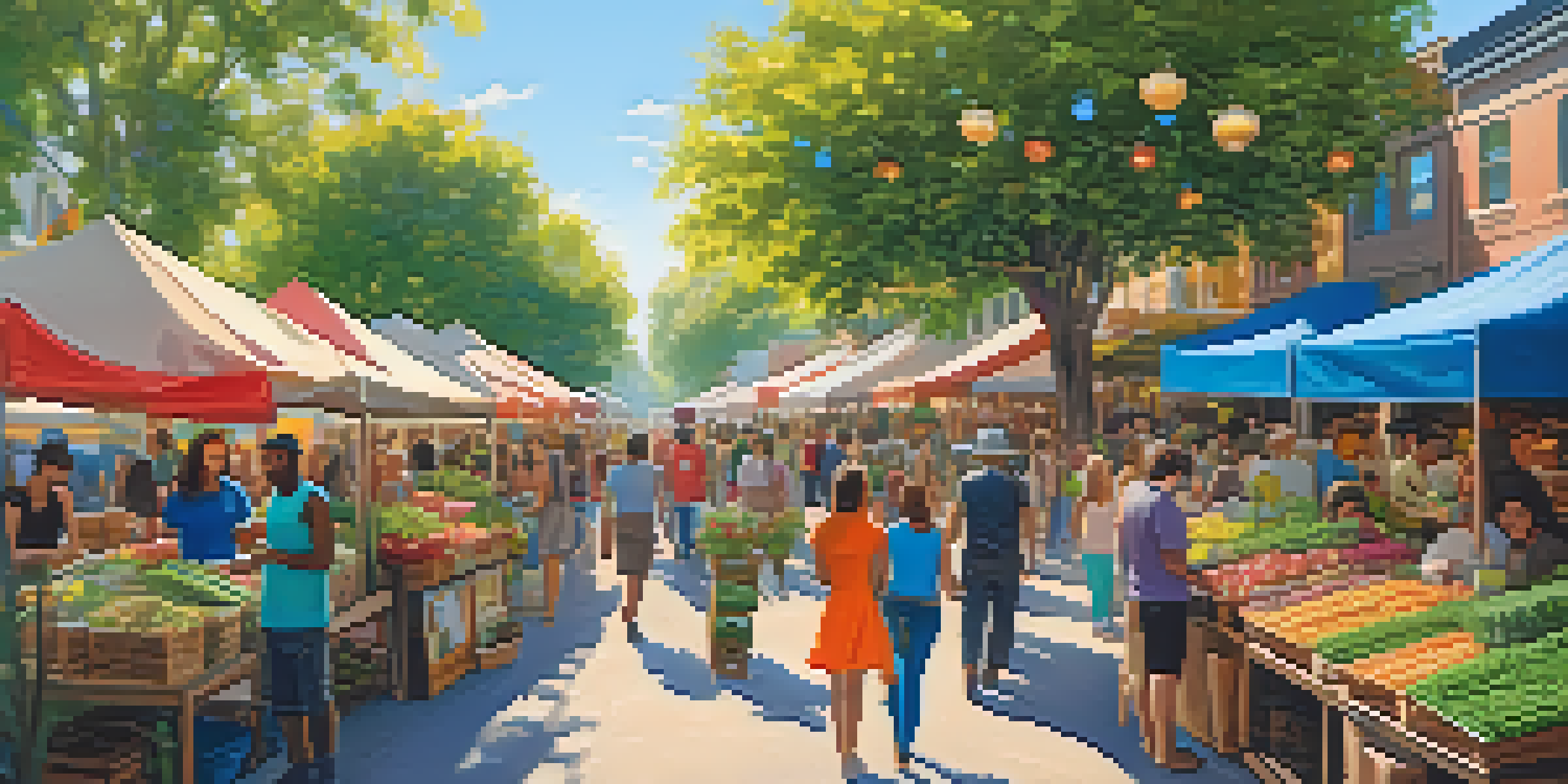 A colorful street market in a neighborhood with people enjoying cannabis products, surrounded by greenery and bright sunlight.
