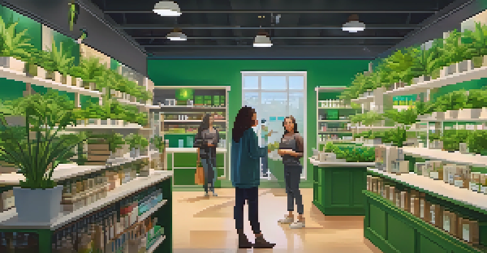 An interior view of a cannabis dispensary with products on shelves and customers browsing.
