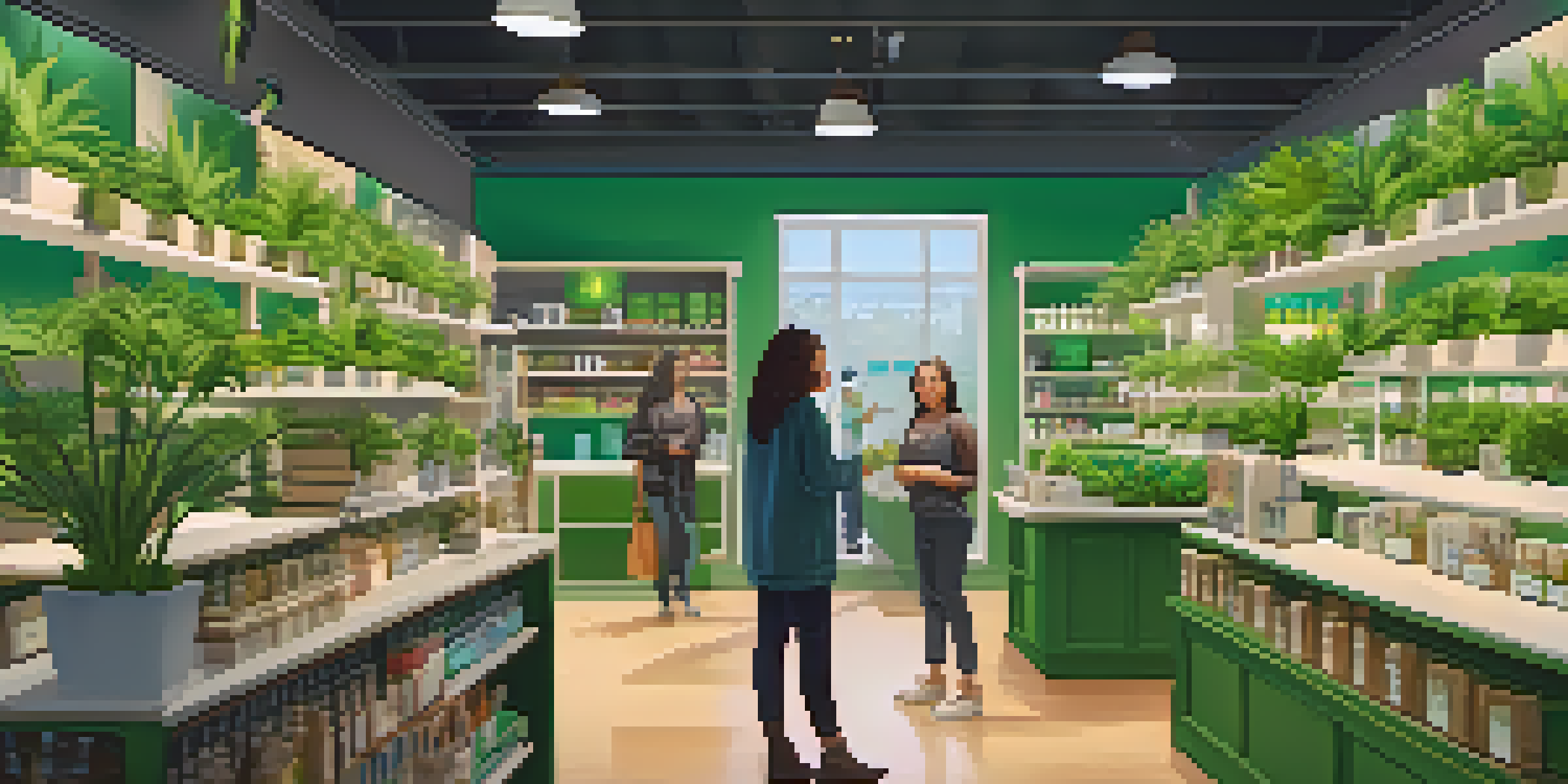 An interior view of a cannabis dispensary with products on shelves and customers browsing.