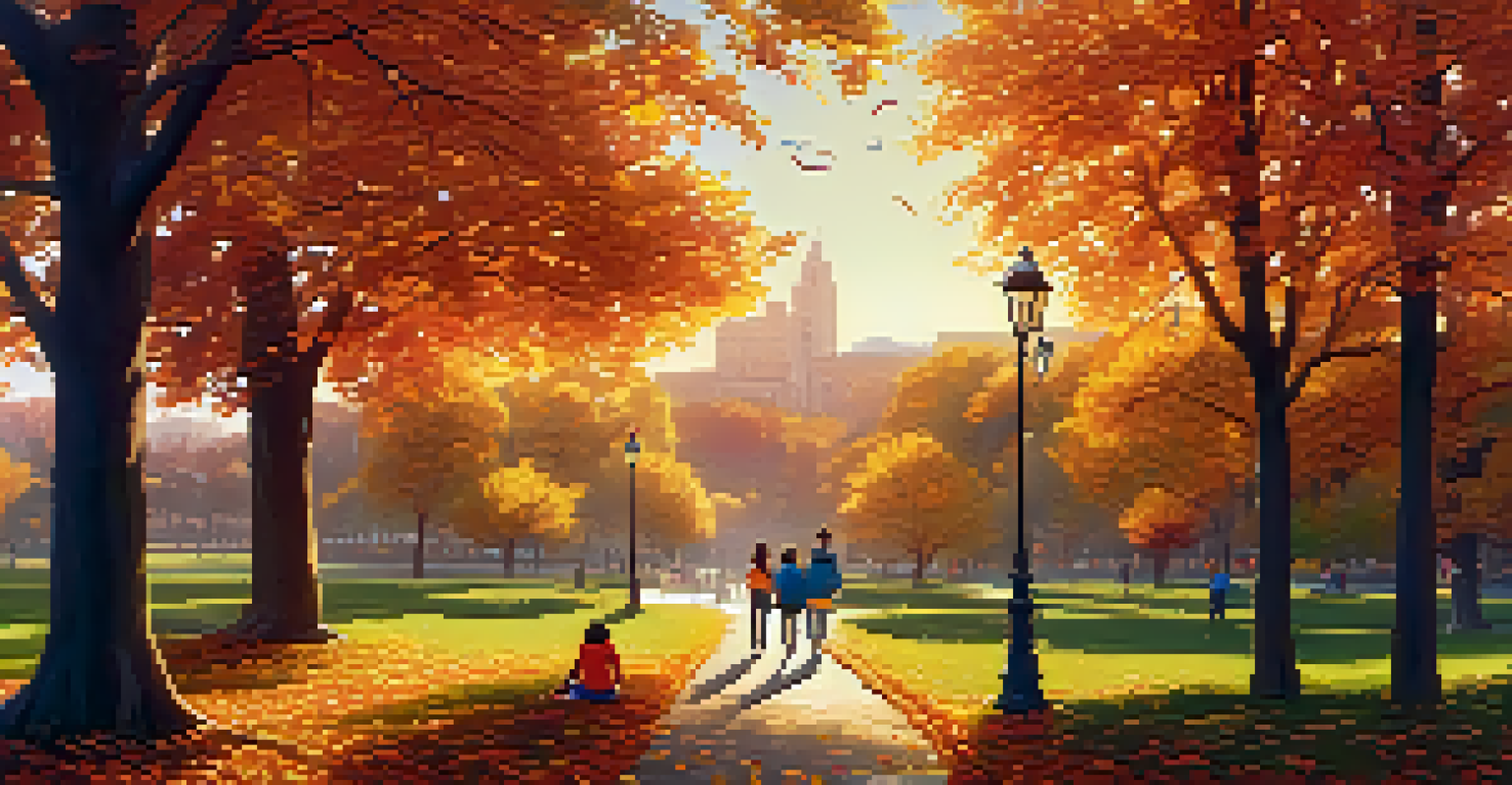 An autumn park with colorful trees, families picnicking, and children flying kites under a golden sunset.