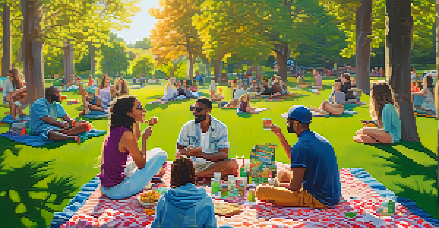 A lively outdoor picnic with a diverse group of people enjoying cannabis products and snacks in a sunny park.
