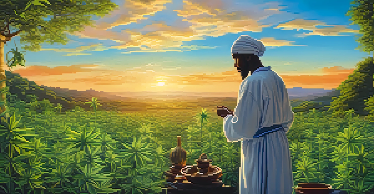 A traditional healer in a green cannabis field at sunset, preparing herbal remedies with a colorful sky in the background.