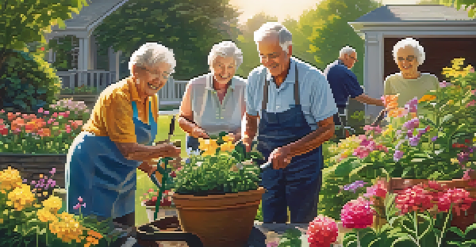 A group of smiling seniors gardening together in a sunny outdoor setting, surrounded by colorful flowers and greenery.