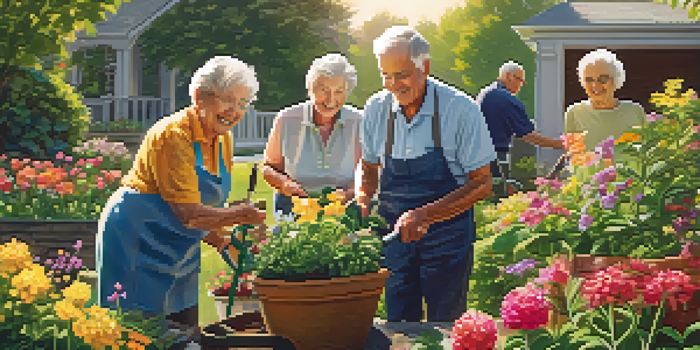 A group of smiling seniors gardening together in a sunny outdoor setting, surrounded by colorful flowers and greenery.