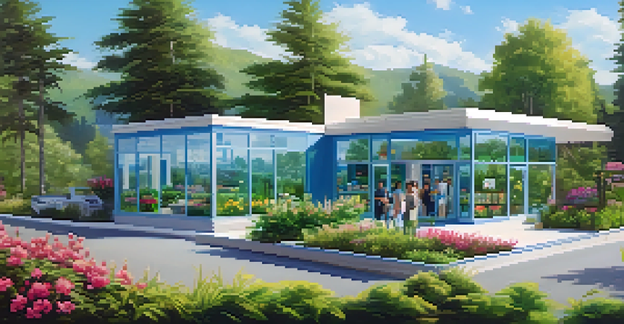 A modern cannabis dispensary in a beautiful green landscape, with people entering the store happily.
