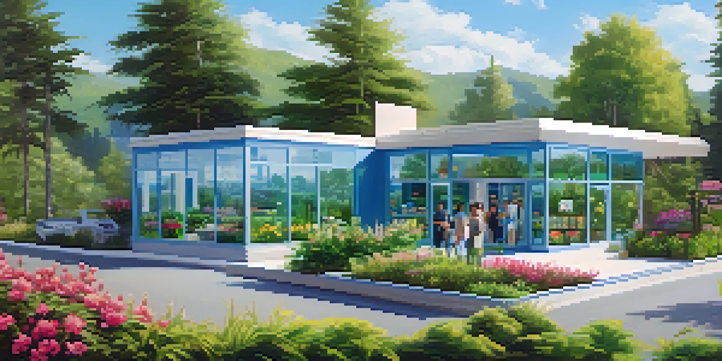 A modern cannabis dispensary in a beautiful green landscape, with people entering the store happily.