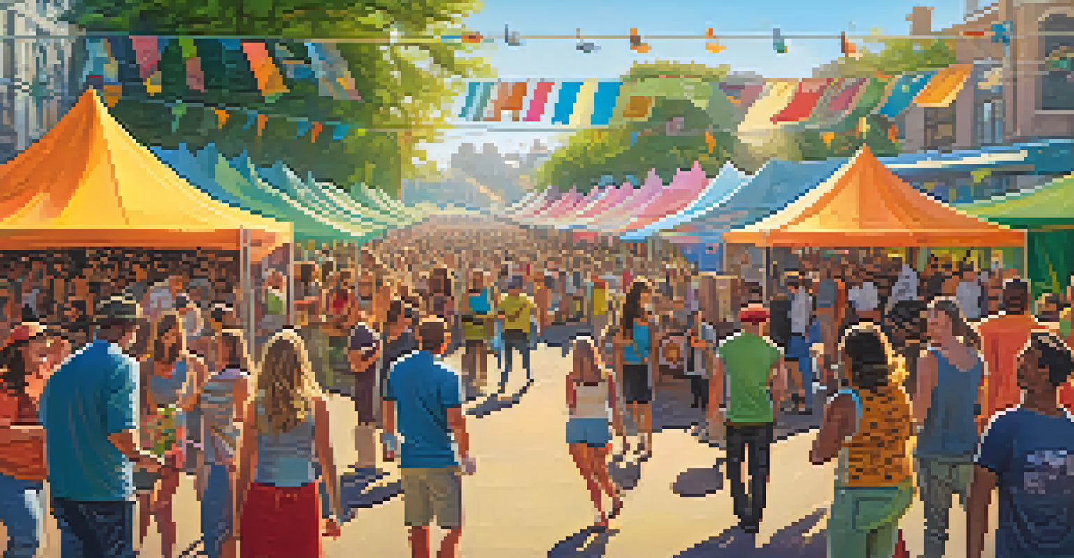 An outdoor cannabis culture festival with food trucks, live music, and a diverse crowd enjoying comedy, surrounded by colorful tents under warm sunlight.